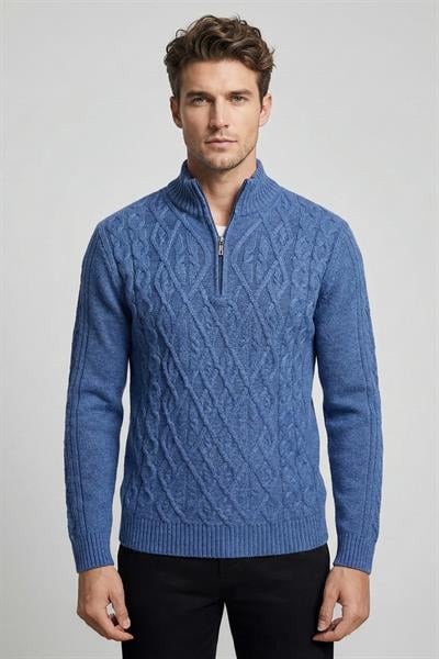 Mavi Regular Fit Yünlü Desenli Fermuarlı Yarım Balıkçı Yaka Triko Kazak