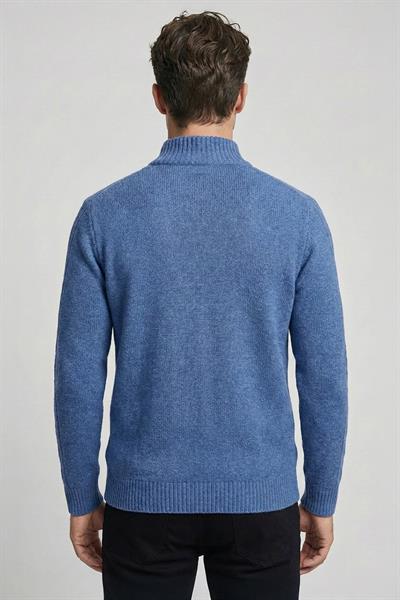 Mavi Regular Fit Yünlü Desenli Fermuarlı Yarım Balıkçı Yaka Triko Kazak
