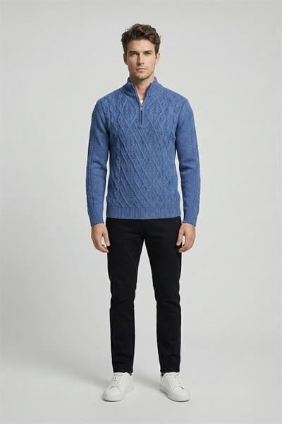 Mavi Regular Fit Yünlü Desenli Fermuarlı Yarım Balıkçı Yaka Triko Kazak