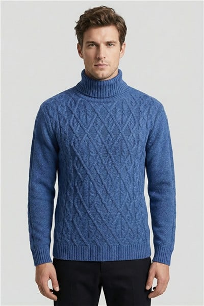 Mavi Regular Fit Yün Karışımlı Desenli Tam Balıkçı Yaka Erkek Triko Kazak