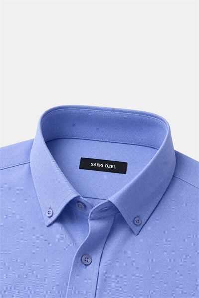 Mavi Slim Fit Pamuklu Düğmeli Yaka Uzun Kollu Gömlek