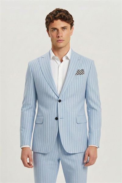 Giotelli Erkek Mavi Slim Fit Çizgili Sivri Yaka Normal Bel 5 Drop Dokuma Standart Boy Fleto Kapaklı Cep Klasik Paça Tam Astarlı Çift Yırtmaç Takım Elbise