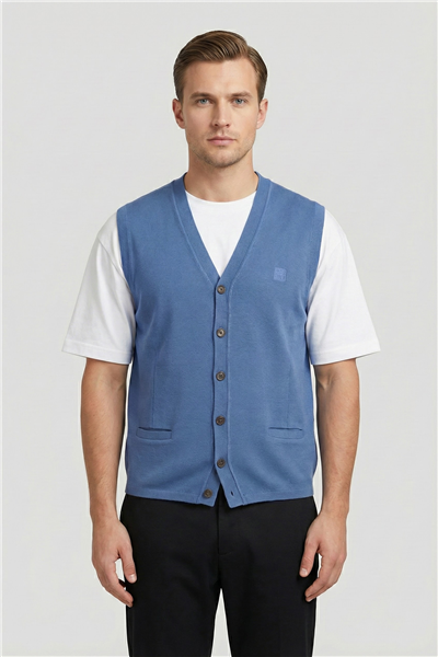 Giotelli Erkek Mavi Normal Kesim Regular Fit Yünlü Dokuma Düğmeli Triko V Yaka Süveter