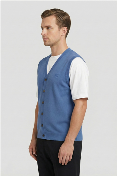 Giotelli Erkek Mavi Normal Kesim Regular Fit Yünlü Dokuma Düğmeli Triko V Yaka Süveter