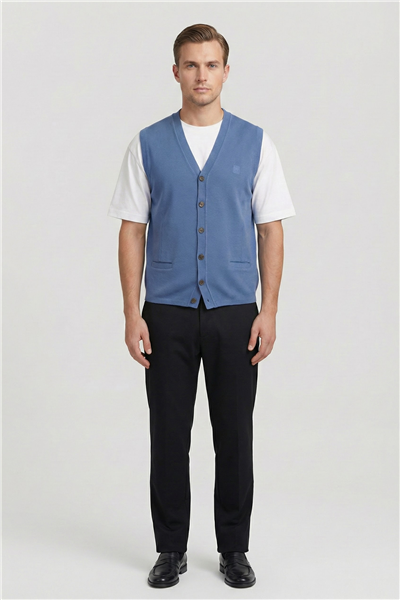 Giotelli Erkek Mavi Normal Kesim Regular Fit Yünlü Dokuma Düğmeli Triko V Yaka Süveter