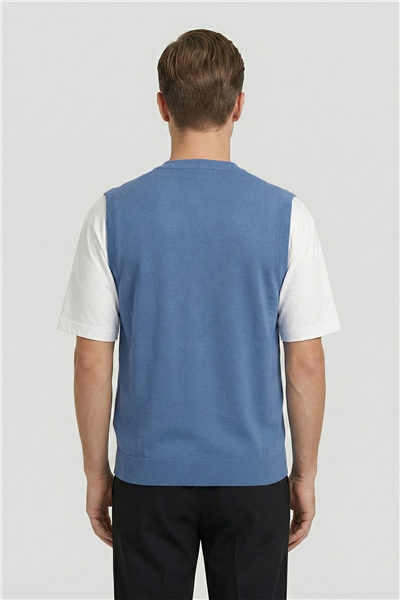 Giotelli Erkek Mavi Normal Kesim Regular Fit Yünlü Dokuma Düğmeli Triko V Yaka Süveter