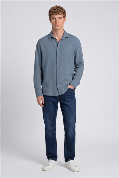 Erkek Mavi Normal Kesim Regular Fit %100 Pamuk Klasik Yaka Muslin Gömlek