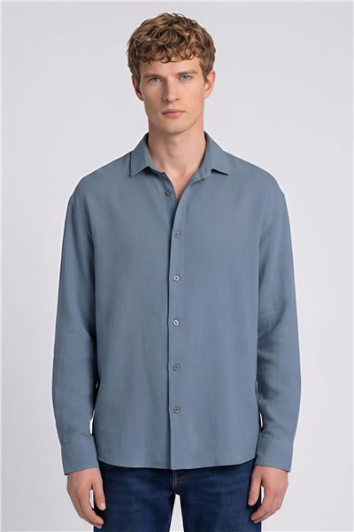 Erkek Mavi Normal Kesim Regular Fit %100 Pamuk Klasik Yaka Muslin Gömlek