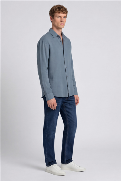 Erkek Mavi Normal Kesim Regular Fit %100 Pamuk Klasik Yaka Muslin Gömlek