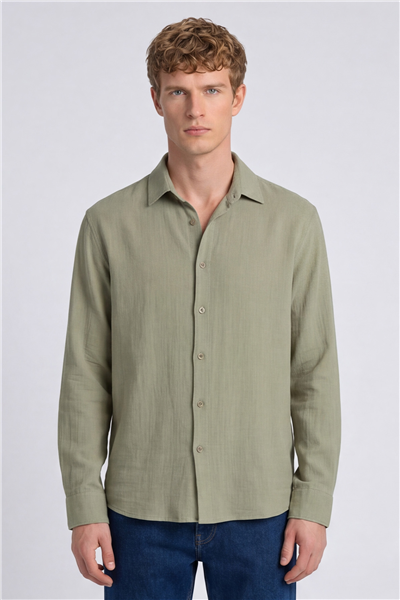Erkek Mint Normal Kesim Regular Fit %100 Pamuk Klasik Yaka Muslin Gömlek