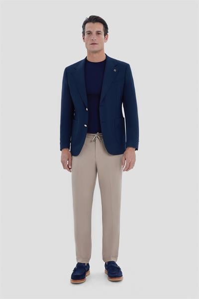 Erkek Lacivert Dar Kesim Slim Fit Viskon Çift Yırtmaçlı Torba Cep Tam Astarlı Mono Yaka 6 Drop Casual Ceket