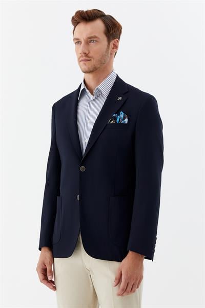 Erkek Lacivert Normal Kesim Regular Fit Viskon Torba Cep Mono Yaka 6 Drop Blazer Ceket
