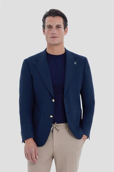 Erkek Lacivert Dar Kesim Slim Fit Viskon Çift Yırtmaçlı Torba Cep Tam Astarlı Mono Yaka 6 Drop Casual Ceket
