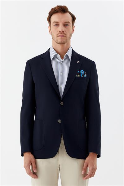 Erkek Lacivert Normal Kesim Regular Fit Viskon Torba Cep Mono Yaka 6 Drop Blazer Ceket