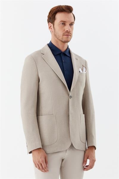 Erkek Koyu Bej Normal Kesim Regular Fit Keten Torba Cep Klasik Yaka 6 Drop Blazer Ceket