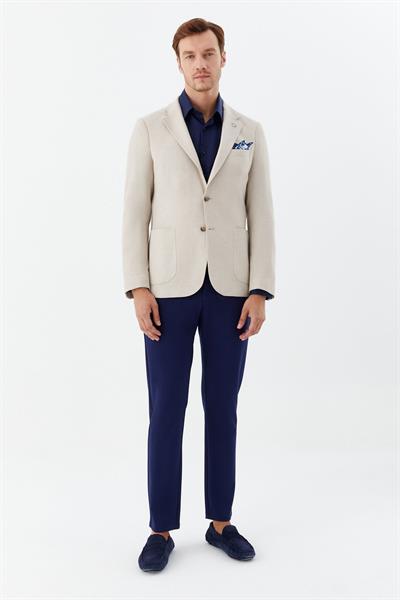 Erkek Bej Normal Kesim Regular Fit Keten Torba Cep Klasik Yaka 6 Drop Blazer Ceket