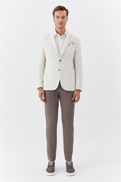 Erkek Ekru Normal Kesim Regular Fit Keten Torba Cep Klasik Yaka 6 Drop Blazer Ceket