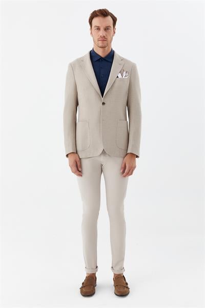 Erkek Koyu Bej Normal Kesim Regular Fit Keten Torba Cep Klasik Yaka 6 Drop Blazer Ceket