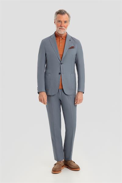 Erkek Gri Slim Fit %100 Keten Mono Yaka Lastikli Bel Takım Elbise