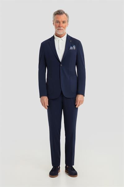 Erkek Lacivert Dar Kesim Slim Fit Modal Kumaş Mono Yaka Lastikli Bel Astarsız 6 Drop Takım Elbise