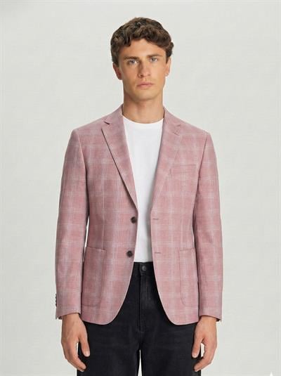 Erkek Kiremit Slim Fit Pamuklu Mono Yaka Kareli Casual Ceket