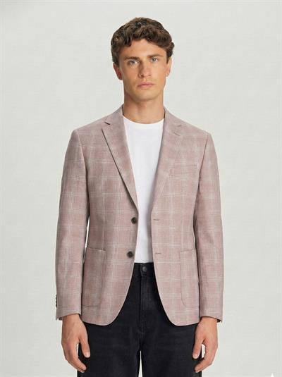 Bej Slim Fit Pamuklu Mono Yaka Kareli Casual Ceket