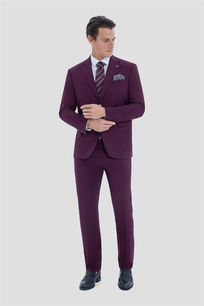 Erkek Bordo Slim Fit Mono Yaka 6 Drop Tam Astarlı Takım Elbise