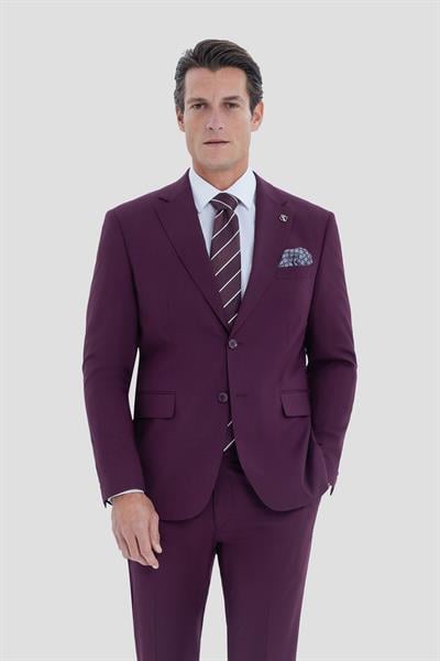 Erkek Bordo Slim Fit Mono Yaka 6 Drop Tam Astarlı Takım Elbise