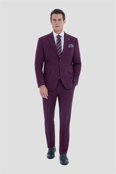 Erkek Bordo Slim Fit Mono Yaka 6 Drop Tam Astarlı Takım Elbise