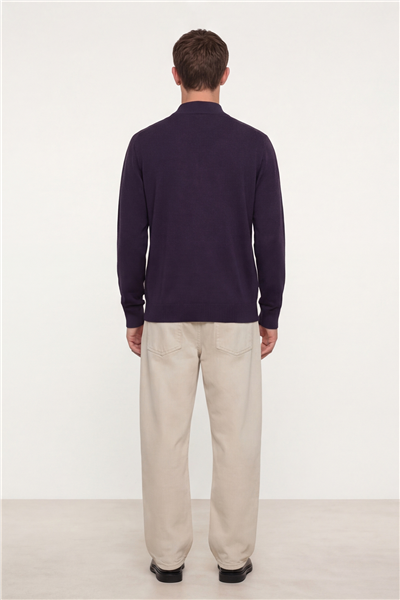 Erkek Mor Dar Kesim Slim Fit Yünlü Yarım Balıkçı Yaka Triko Kazak