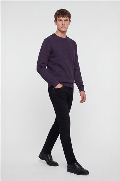 Erkek Mor Normal Kesim Regular Fit Yünlü Dokuma Bisiklet Yaka Triko Kazak