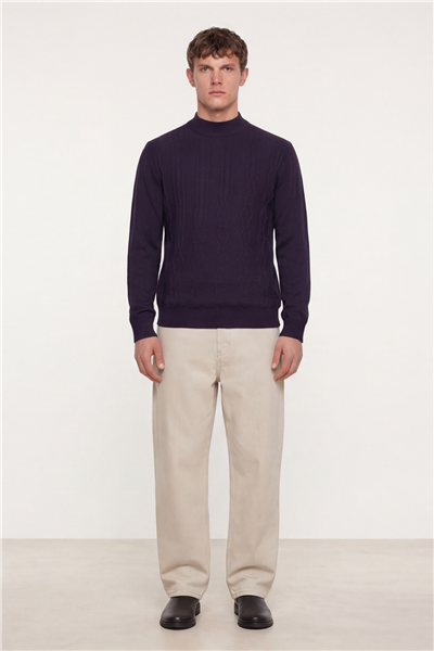 Erkek Mor Dar Kesim Slim Fit Yünlü Yarım Balıkçı Yaka Triko Kazak