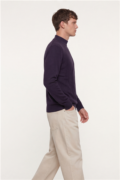 Erkek Mor Dar Kesim Slim Fit Yünlü Yarım Balıkçı Yaka Triko Kazak