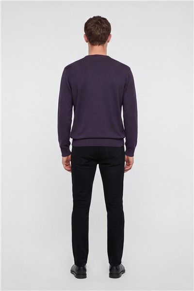 Erkek Mor Normal Kesim Regular Fit Yünlü Dokuma Bisiklet Yaka Triko Kazak