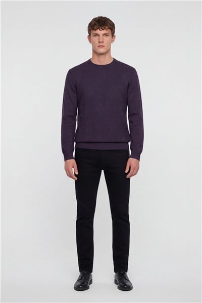 Erkek Mor Normal Kesim Regular Fit Yünlü Dokuma Bisiklet Yaka Triko Kazak