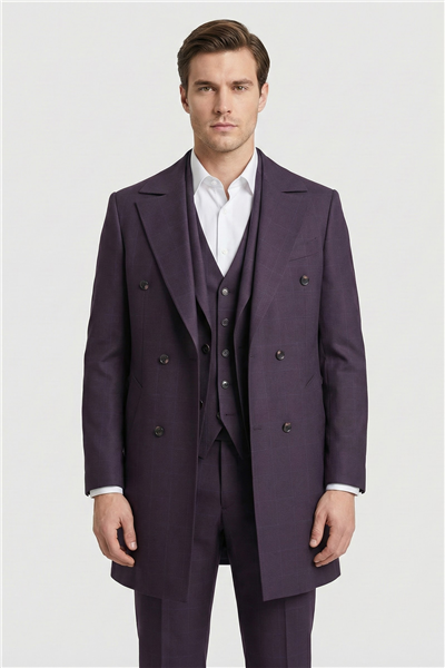 Giotelli Erkek Mürdüm Dar Kesim Slim Fit Viskon Ekose Mono Yaka Dokuma Çift Yırtmaçlı Kemerli Bel Tam Astarlı 6 Drop 5li Erkek Takım Elbise