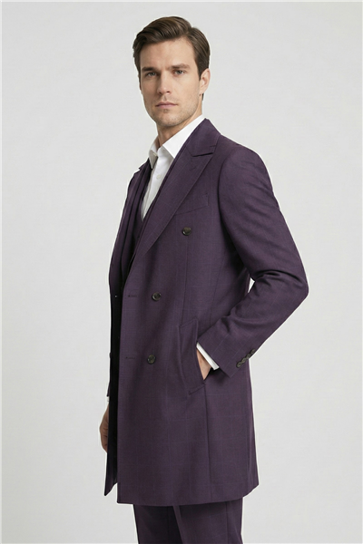 Giotelli Erkek Mürdüm Dar Kesim Slim Fit Viskon Ekose Mono Yaka Dokuma Çift Yırtmaçlı Kemerli Bel Tam Astarlı 6 Drop 5li Erkek Takım Elbise