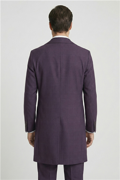 Giotelli Erkek Mürdüm Dar Kesim Slim Fit Viskon Ekose Mono Yaka Dokuma Çift Yırtmaçlı Kemerli Bel Tam Astarlı 6 Drop 5li Erkek Takım Elbise