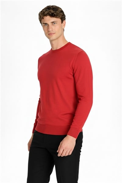 Nar Çiçeği Standart Fit Yün Karışımlı Bisiklet Yaka Düz Erkek Triko Kazak