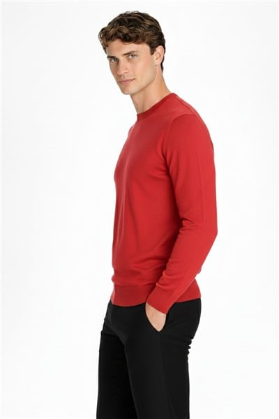 Nar Çiçeği Standart Fit Yün Karışımlı Bisiklet Yaka Düz Erkek Triko Kazak