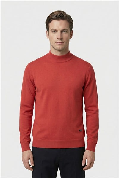 Standart Fit Nar Çiçeği Yün Karışımlı Yarım Balıkçı Yaka Düz Desen Triko Kazak