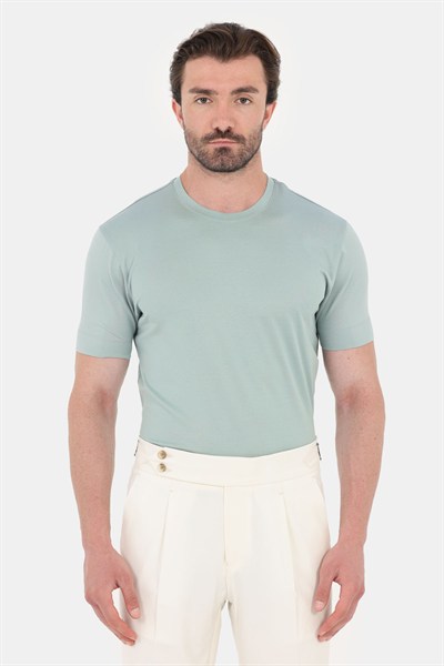 Okaliptus Yeşili %100 Pamuk Regular Fit Bisiklet Yaka Basic T-shirt