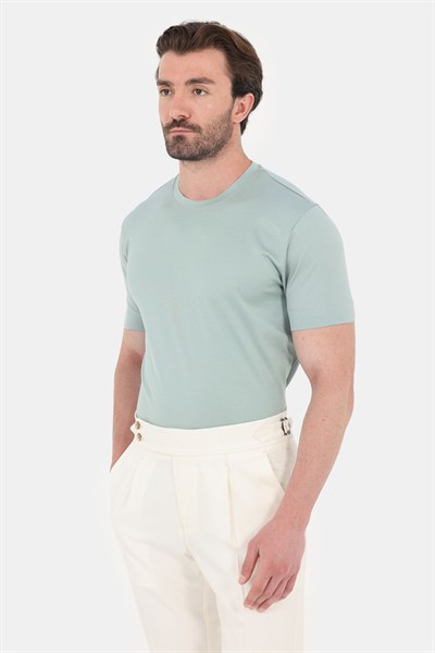 Okaliptus Yeşili %100 Pamuk Regular Fit Bisiklet Yaka Basic T-shirt