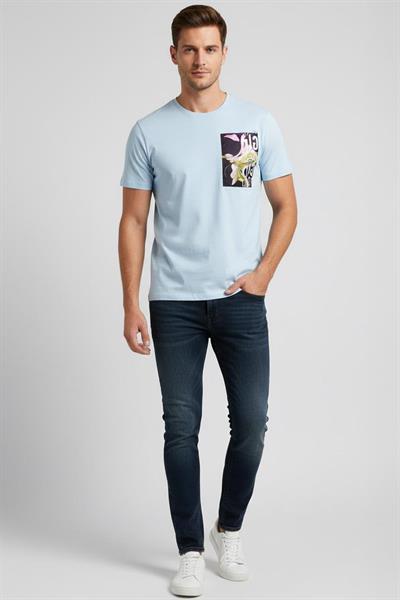 OVERSIZE BASKILI BİSİKLET YAKA ERKEK T-SHIRT Açık Mavi