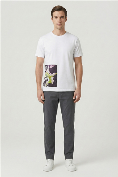 Giotelli Beyaz Oversize Fit %100 Pamuk Baskılı Bisiklet Yaka Erkek Tişört