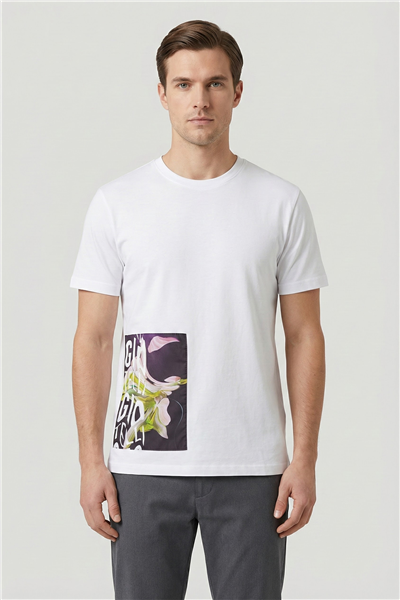 Giotelli Beyaz Oversize Fit %100 Pamuk Baskılı Bisiklet Yaka Erkek Tişört