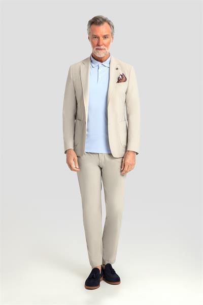 Erkek Bej Regular Fit Mono Yaka 6 Drop Pamuk Karışımlı Astarsız Takım Elbise