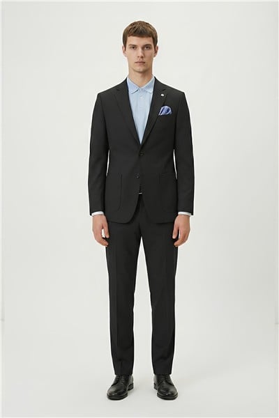 Erkek Siyah Regular Fit Pamuk Karışımlı Düz Mono Yaka Lastikli Bel Torba Cep Klasik Paça 6 Drop Astarsız Çift Yırtmaç Takım Elbise