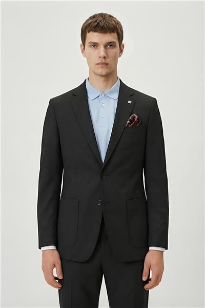 Erkek Siyah Regular Fit Pamuk Karışımlı Düz Mono Yaka Lastikli Bel Torba Cep Klasik Paça 6 Drop Astarsız Çift Yırtmaç Takım Elbise