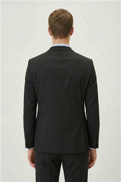 Erkek Siyah Regular Fit Pamuk Karışımlı Düz Mono Yaka Lastikli Bel Torba Cep Klasik Paça 6 Drop Astarsız Çift Yırtmaç Takım Elbise